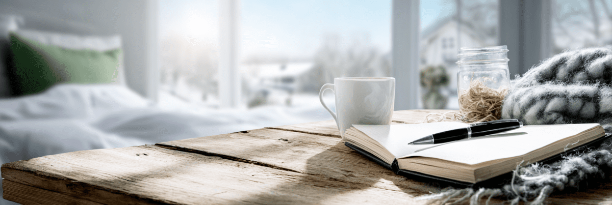 A rustic wooden table sits beside a window overlooking a snowy neighborhood. On the table are an open notebook, a pen, a white mug, a glass jar with twine, and a thick gray knitted blanket in soft morning light.