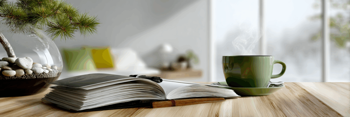 An open notebook and pen sit on a wooden table next to a steaming green teacup. A small pine bonsai in a glass bowl is on the left. Soft winter light comes through a window in the background, creating a cozy, reflective atmosphere.