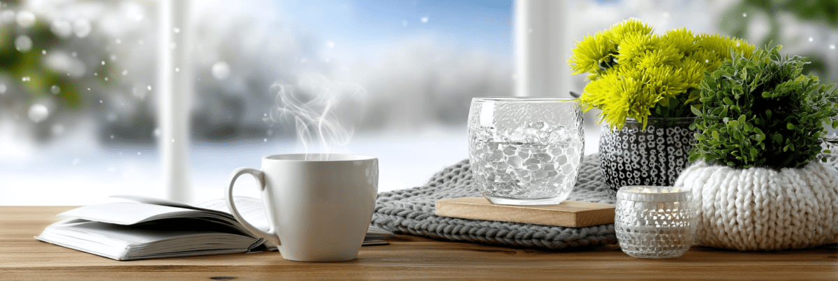 A cozy winter scene on a wooden table with an open book, a steaming white mug, a glass of water, a knitted gray blanket, and small potted plants by a window with snow falling outside.