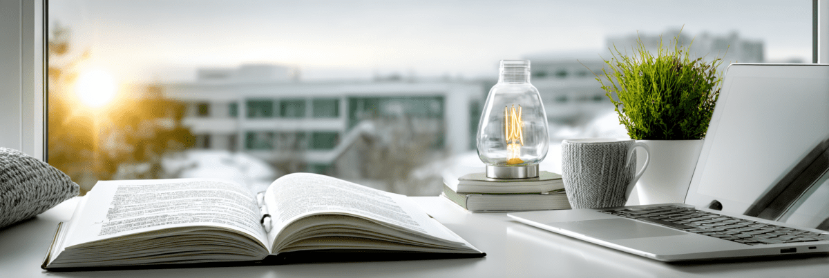 Open book on a desk beside a laptop, mug, and small plant, lit by gentle morning light through a window overlooking a winter scene.
