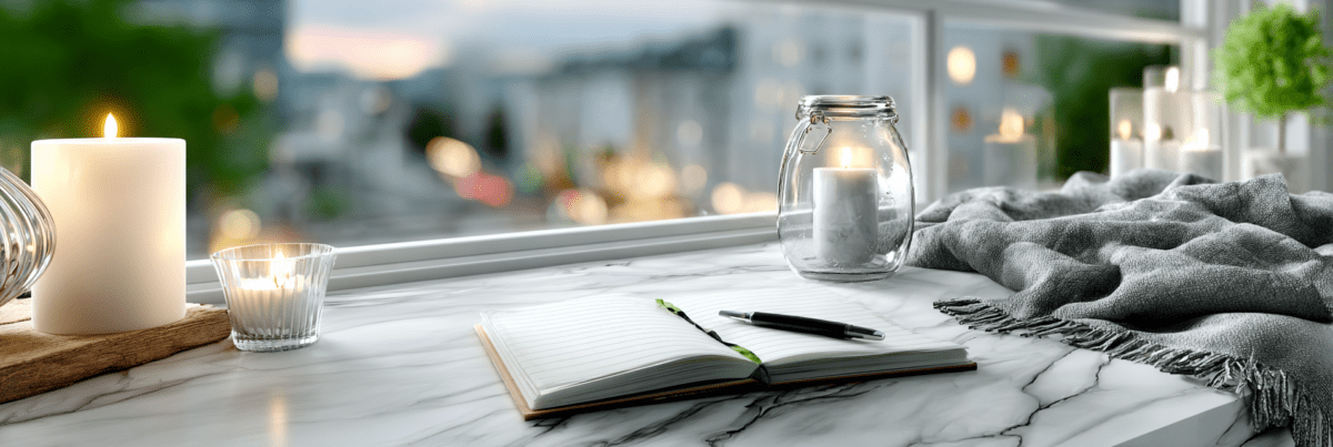 Open notebook with a pen on a marble surface beside lit candles and a folded blanket, looking out through a window at a softly blurred city scene.