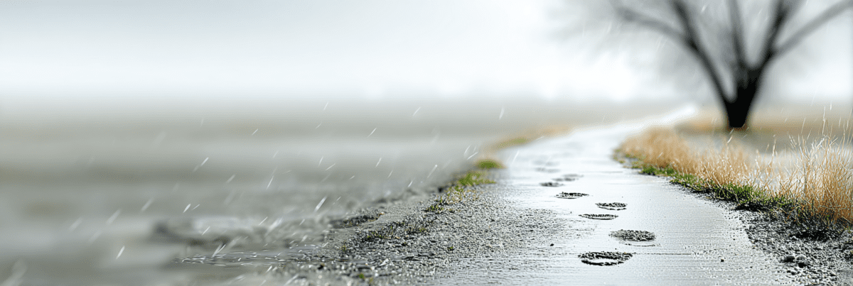 A narrow winter path with visible footprints continuing forward along a wet surface, light snowfall in the air, dry grass at the edges, and a bare tree in the distance.