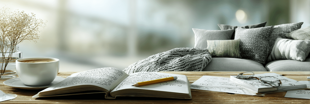 An open notebook with handwritten notes on a wooden table, a pencil resting across the pages, a cup of coffee, loose papers, and a pair of glasses near a sofa with cushions in a softly lit room.