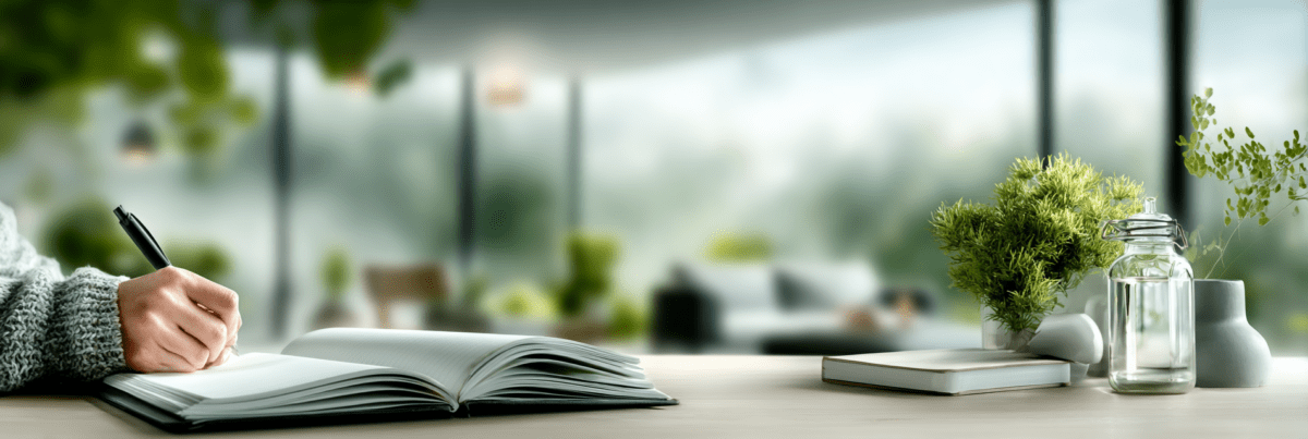 Alt text:
A hand writing in an open notebook on a light wooden desk, with soft daylight, blurred greenery in the background, and a calm, uncluttered workspace.