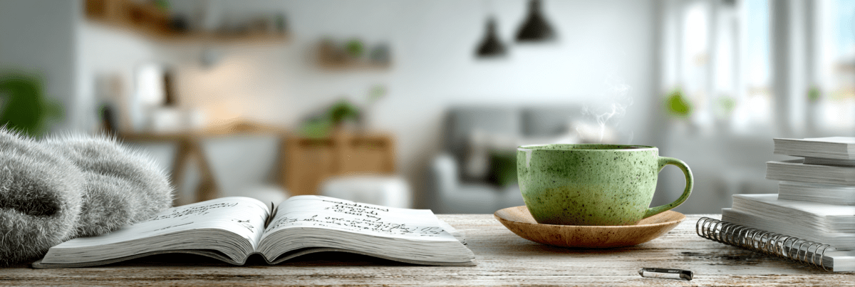 An open notebook with handwritten notes on a wooden table beside a steaming green mug, a pen, stacked papers, and a soft blanket in a calm, light-filled room.