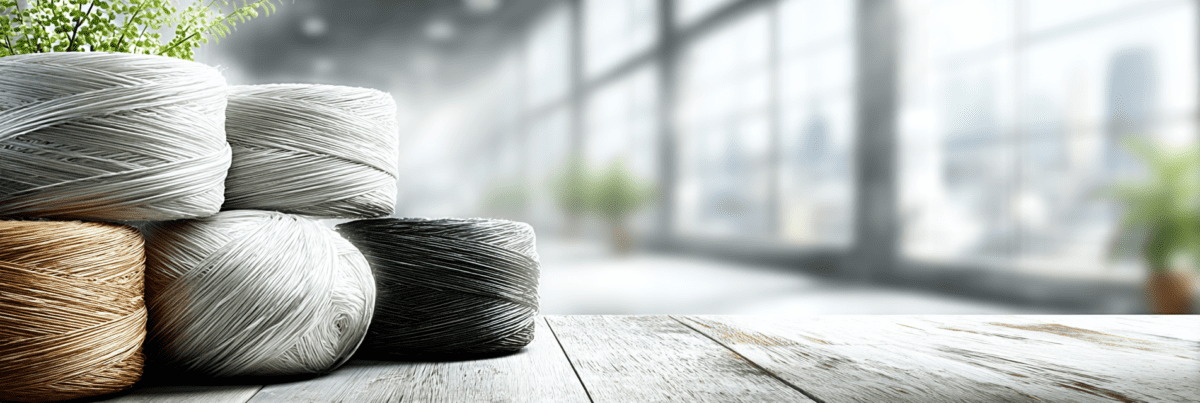 Several spools of thread in light and dark tones stacked on a wooden surface, with a bright, softly blurred interior background.