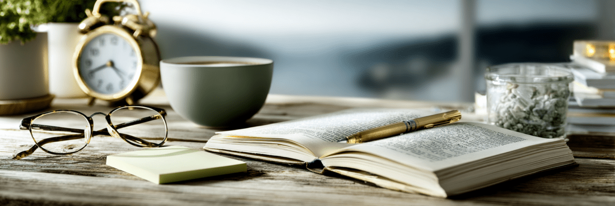 A quiet wooden desk with an open book and pen, reading glasses, a coffee cup, and a small clock, softly lit by daylight, suggesting focused work paused mid-thought.
