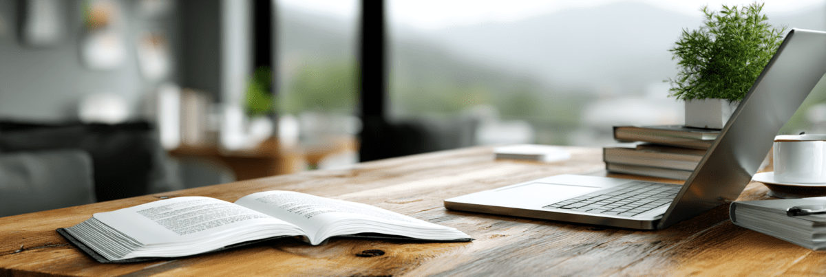 A wooden desk with an open book and an open laptop side by side, soft daylight coming through large windows, a coffee cup and stacked books nearby, the workspace calm but paused.
