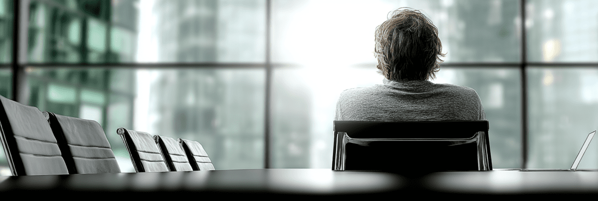 A person sitting upright at a desk facing a bright window, surrounded by open space and muted tones, with no visible movement.