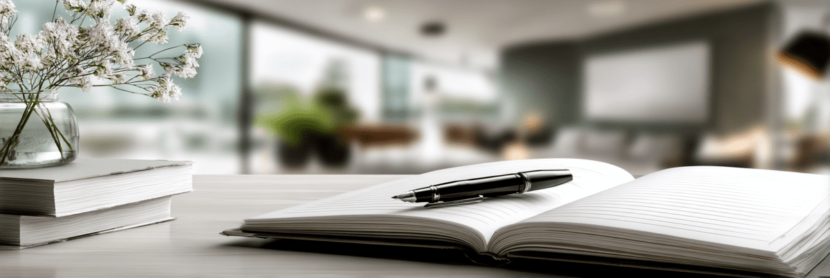 A neatly arranged writing desk with an open notebook and pen, soft daylight, and a calm, uncluttered workspace.