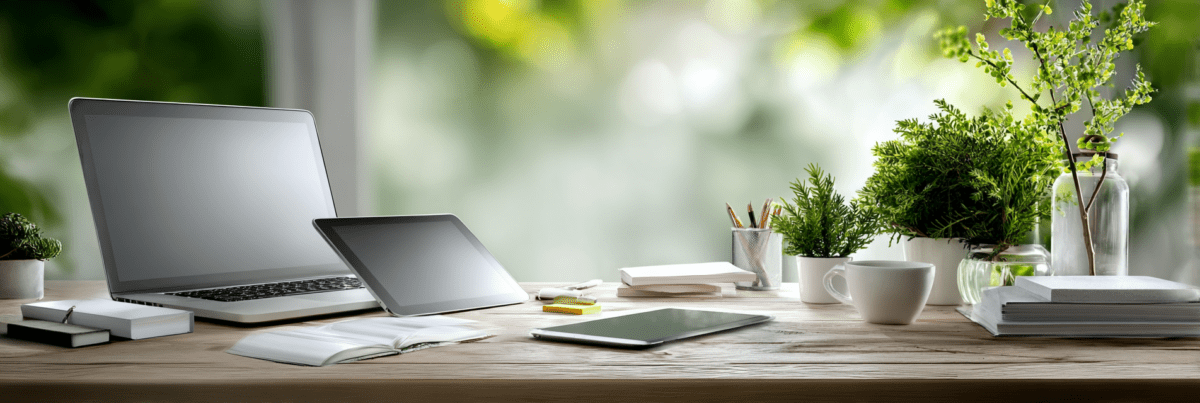 Laptop, tablet, and notebook arranged together on a wooden desk with plants and soft natural light, representing a multi-device creative setup.
