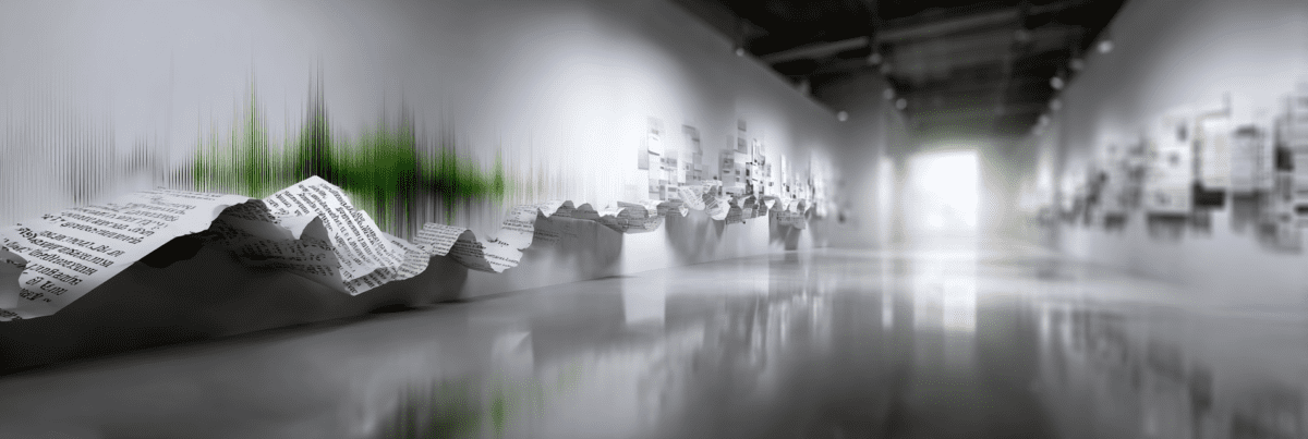 A long gallery-like space with flowing strips of text transforming into a green soundwave along the wall, symbolizing an idea shifting between written and audio forms.