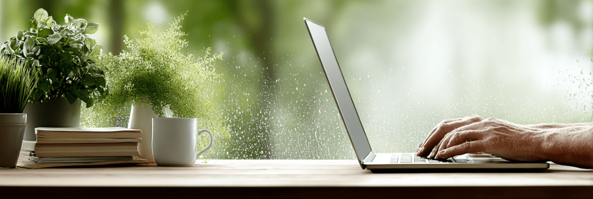 Hands typing on a laptop at a wooden desk beside books, plants, and a rain-covered window.