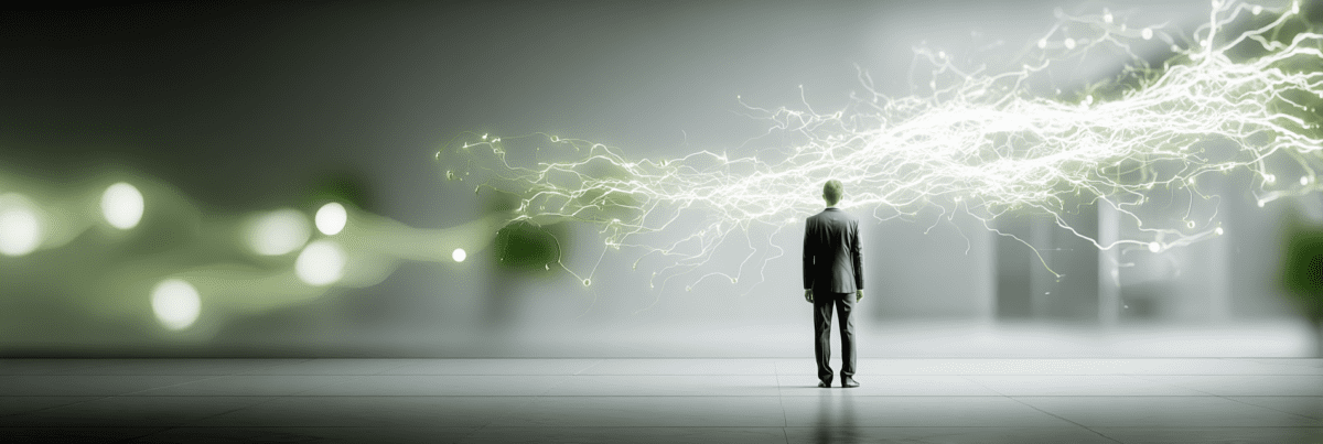 Person standing in a large minimalist space facing a glowing network of branching light lines resembling a neural network.