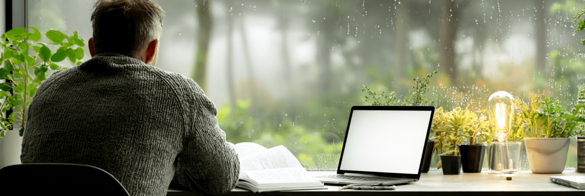 Person sitting at a wooden desk with an open laptop and notebook, looking out through a rain-covered window with plants on the windowsill.