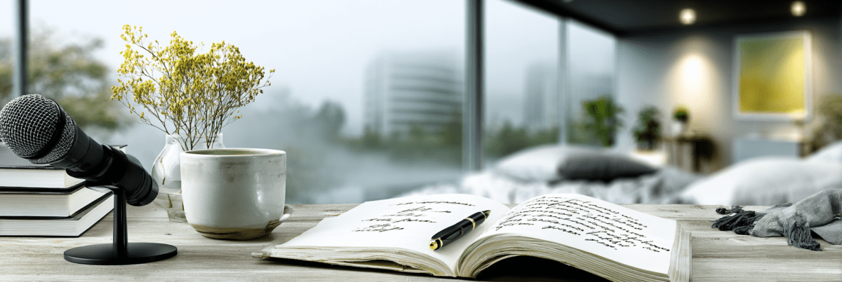A calm workspace with a microphone, stacked books, a cup of coffee, and an open notebook on a wooden desk, representing the process of developing an idea through writing and speaking.