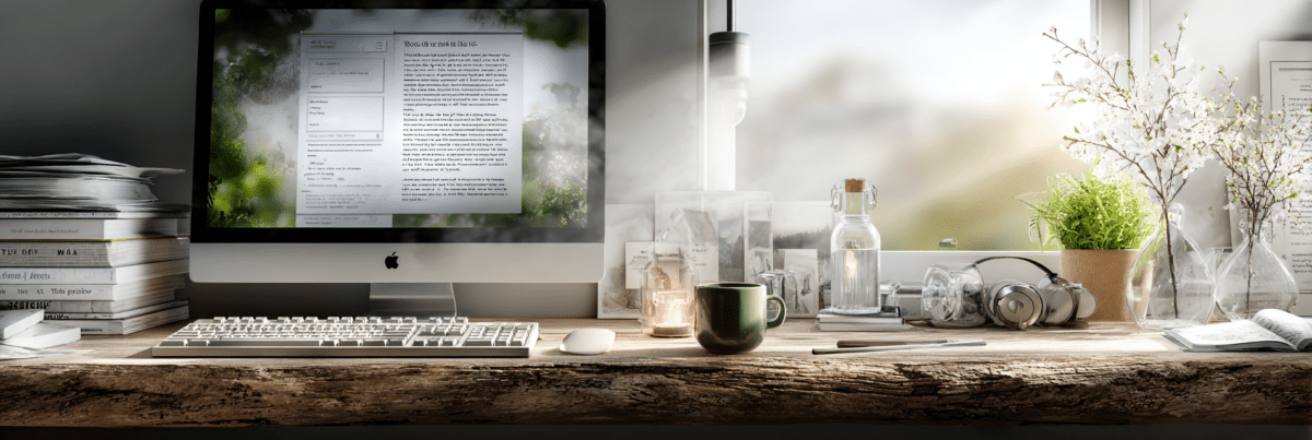 A warmly lit desk with an iMac, keyboard, stacked books, a coffee mug, and personal objects arranged in a calm, nostalgic workspace.