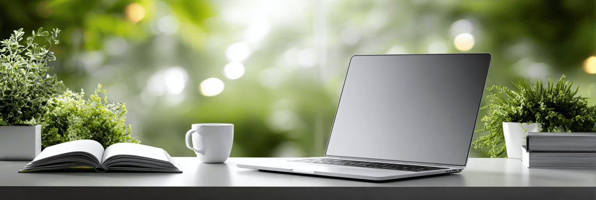 A minimal desk with a closed laptop beside an open notebook and coffee cup, set against a soft green, nature-filled background with bright, diffused light.