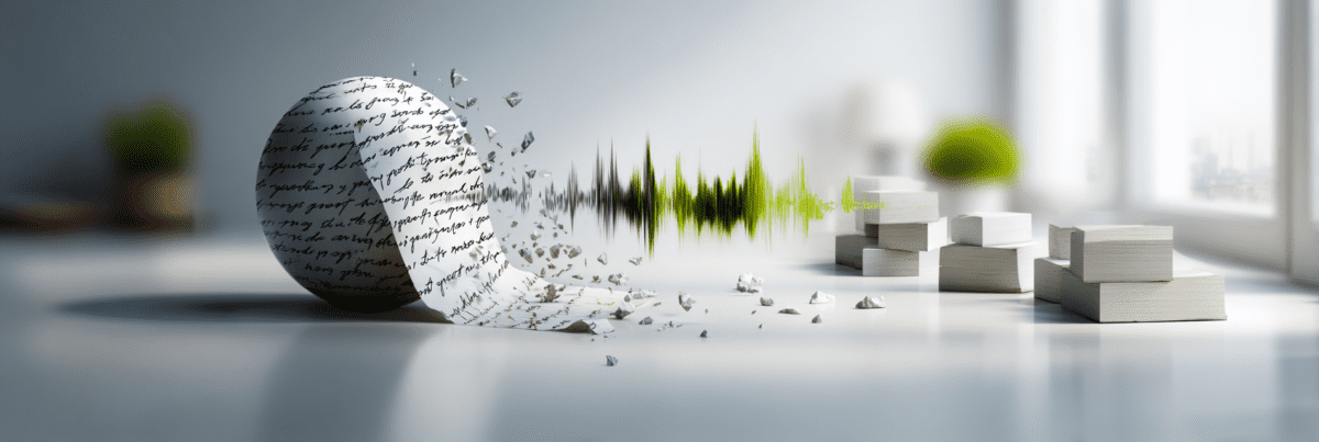 A paper sphere covered in handwritten text breaking apart into fragments that transition into a green soundwave, symbolizing an idea changing form as it moves between formats.