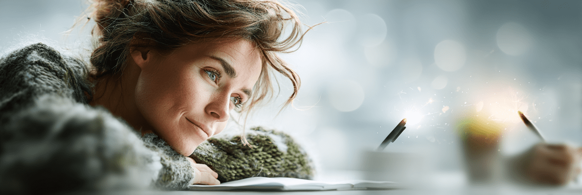 Woman leaning over an open notebook, watching a small spark of light near the tip of a pencil as if an idea is forming.