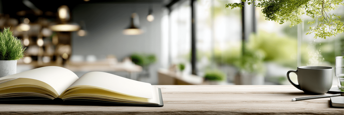 Open notebook resting on a wooden desk in a bright workspace with a coffee cup and soft morning light coming through large windows.