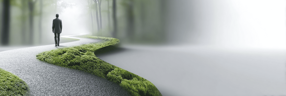 Person walking alone along a winding path through a misty forest, symbolizing rediscovering direction and inspiration.