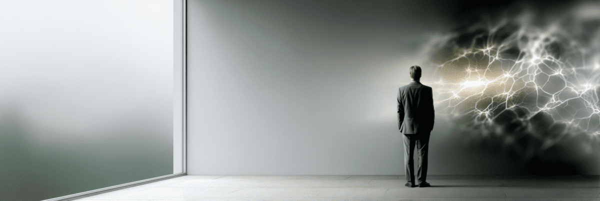 Person standing in a minimalist room looking at a glowing network of branching light lines on the wall.