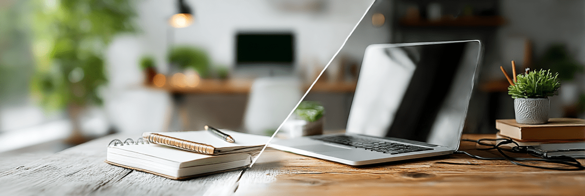 Split workspace showing a notebook and pen in soft natural light on one side and a laptop with cables on a darker desk on the other, representing separation between thinking and execution