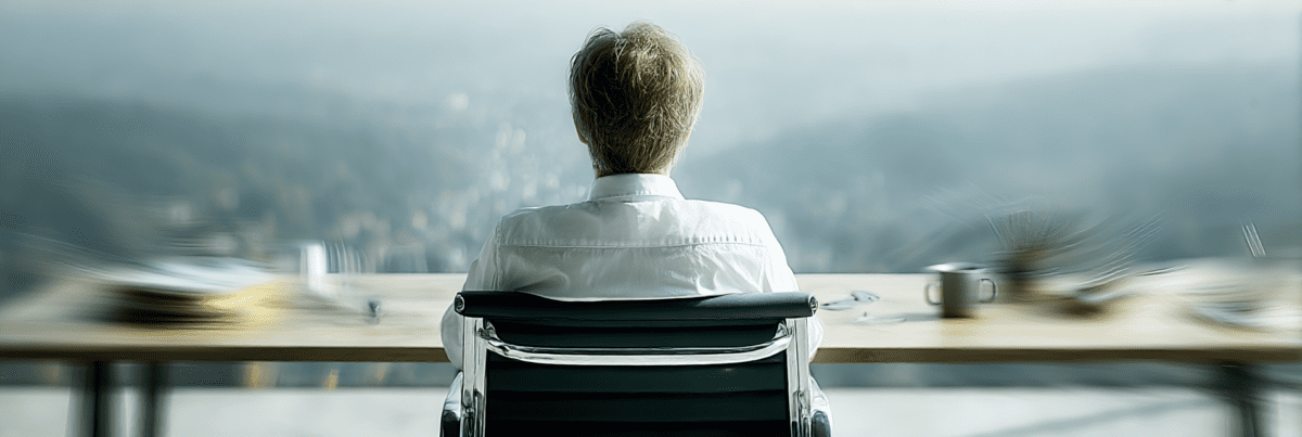 Alt text:
Person sitting still at a desk facing a window while the surrounding environment is blurred with motion, symbolizing focus and reduced distractions