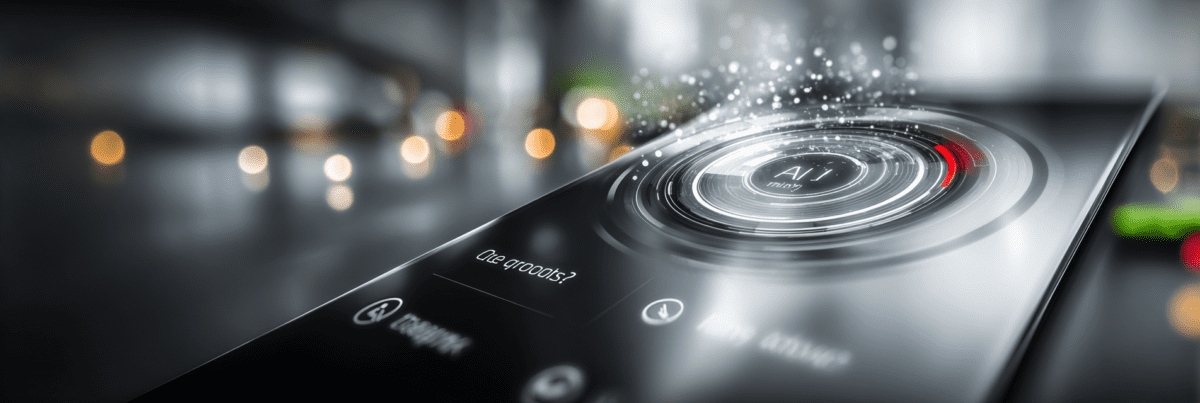 Close-up of a sleek AI interface on a device screen showing a simple prompt and circular response indicator in a softly lit environment