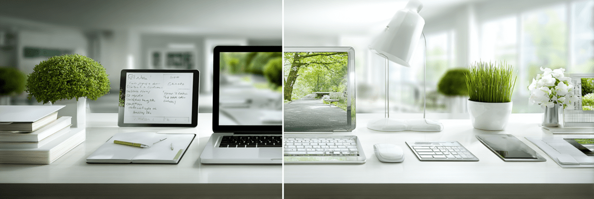 Split workspace showing three stages of work: tablet and notes for idea capture, laptop for writing, and desktop setup for final production