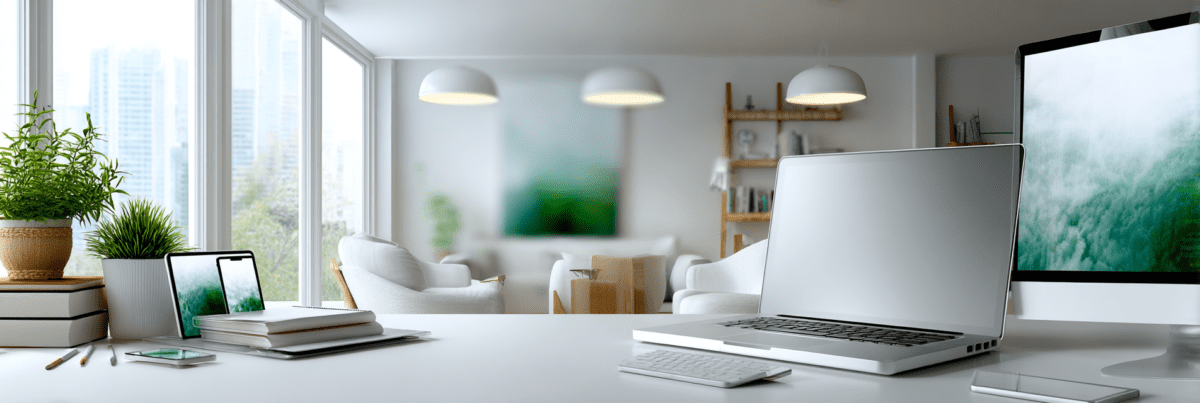 Minimal desk with tablet, laptop, and desktop computer in a bright space, representing a connected multi-device workflow