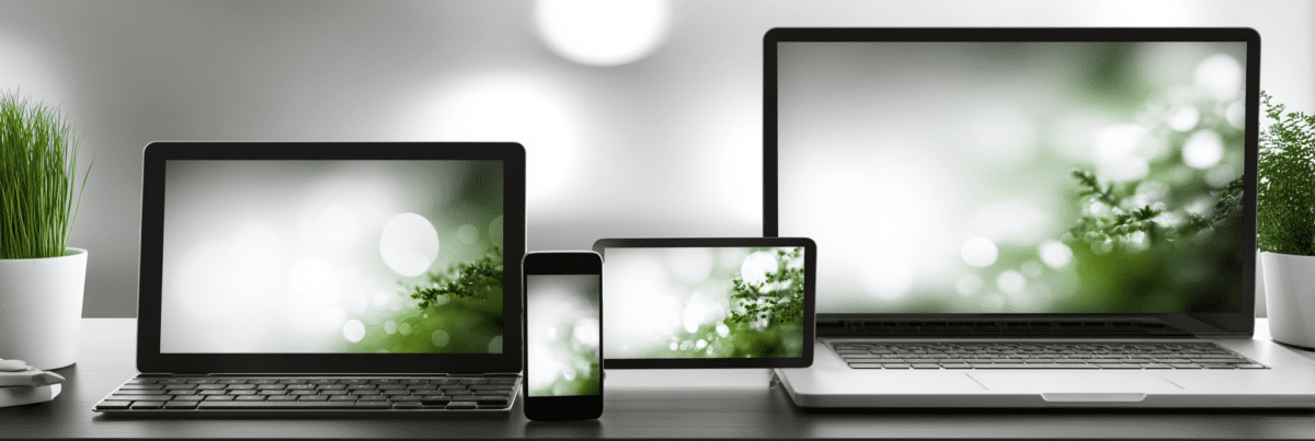 Four digital devices—a desktop monitor, laptop, tablet, and smartphone—arranged side by side on a clean desk, each displaying a soft green abstract background.