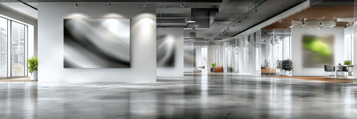 Wide, modern interior space with polished floors, large windows, and minimal decor, featuring large abstract artworks on the walls and a calm, open layout.