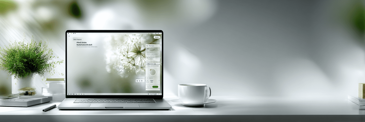 Minimal desk setup with a laptop displaying a clean interface, surrounded by soft natural light, a plant, books, and a cup on a calm, uncluttered workspace