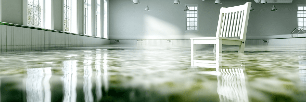 Empty indoor pool partially filled with still water, a single white chair standing in the shallow water under soft natural light from tall windows.