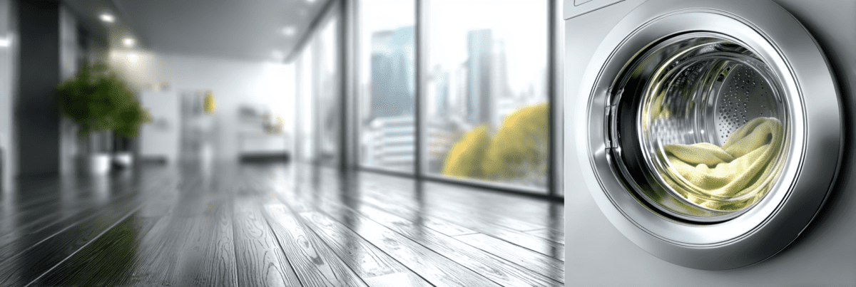 Close-up of a front-loading washing machine with a light green fabric inside, set in a bright modern room with large windows and a blurred city view in the background.