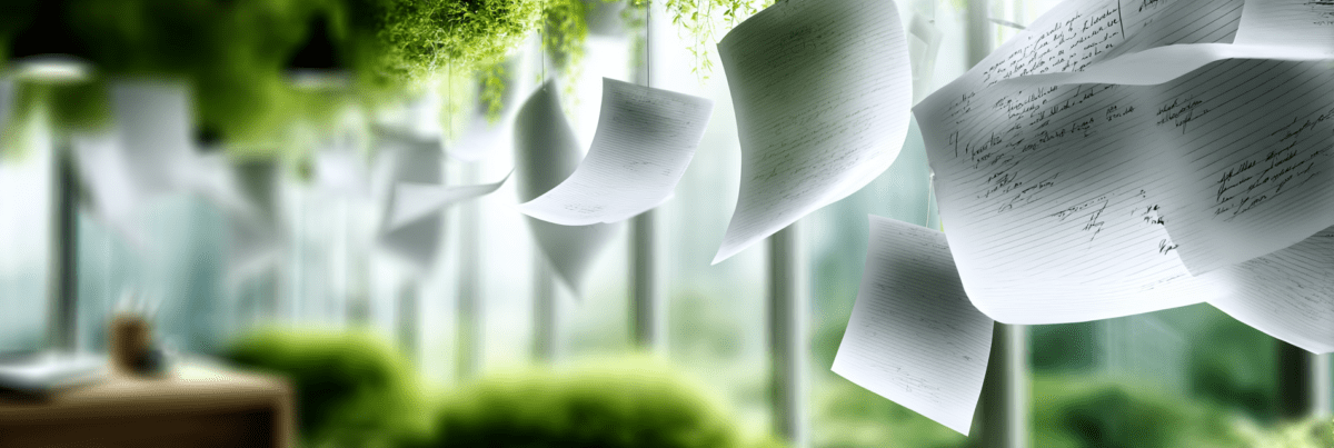 Several sheets of handwritten paper floating in midair in a bright room with large windows and soft greenery, gently suspended as if caught in a slow breeze.
