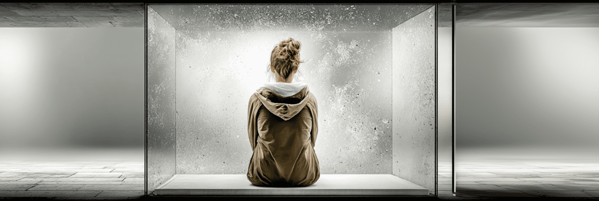 Person sitting with their back to the viewer inside a small glass enclosure with misted walls, placed in a large empty space, creating a quiet and introspective atmosphere.