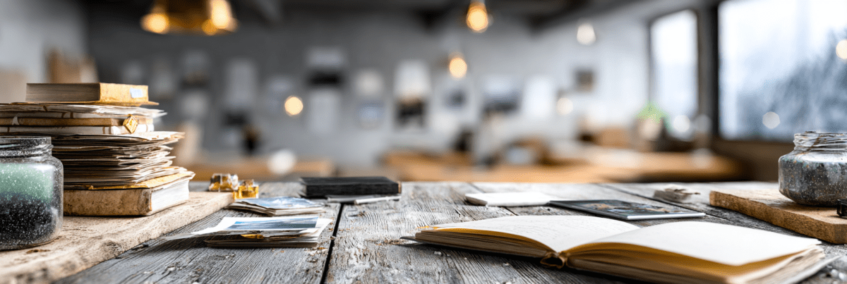 A rustic creative workspace with stacks of old journals, scattered photographs, handwritten notes, and an open notebook on a wooden table, softly lit with warm lights in the background, creating a reflective and nostalgic atmosphere.