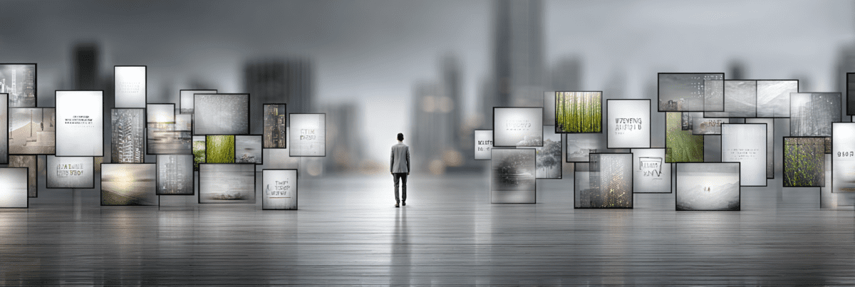 A lone person walking through a large open space surrounded by floating digital panels and muted screens, creating a quiet atmosphere of information overload and emotional distance.