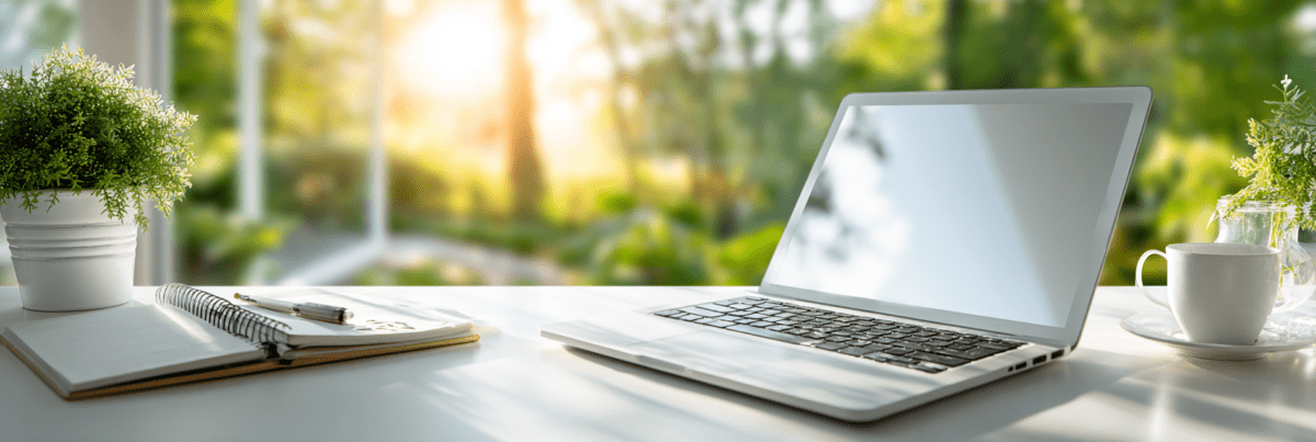 Woman resting her head on her hand while looking at a laptop screen in soft evening light.