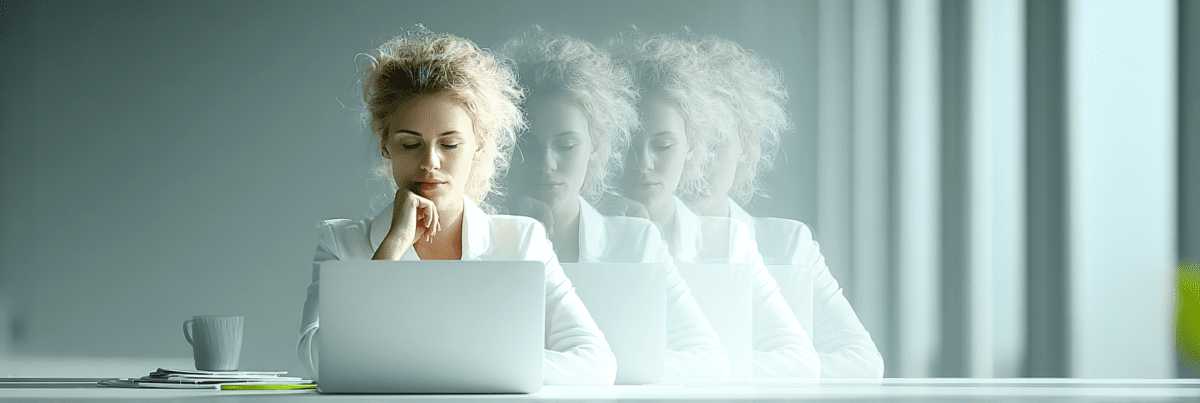 Woman sitting at a laptop with faint repeated versions of her behind, suggesting a repeated or automatic process.