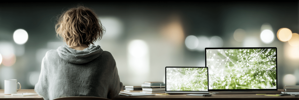 A person sitting at a desk facing glowing screens filled with interconnected patterns and lines, surrounded by notebooks and a quiet nighttime atmosphere.
