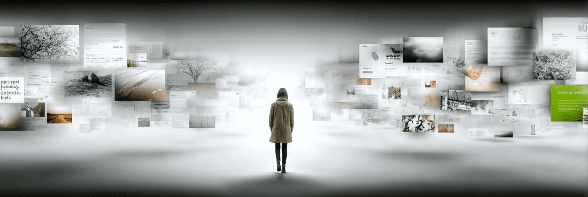 A lone figure walking through a bright open space surrounded by floating images, notes, sketches, and fragments of creative work arranged like an evolving visual archive.