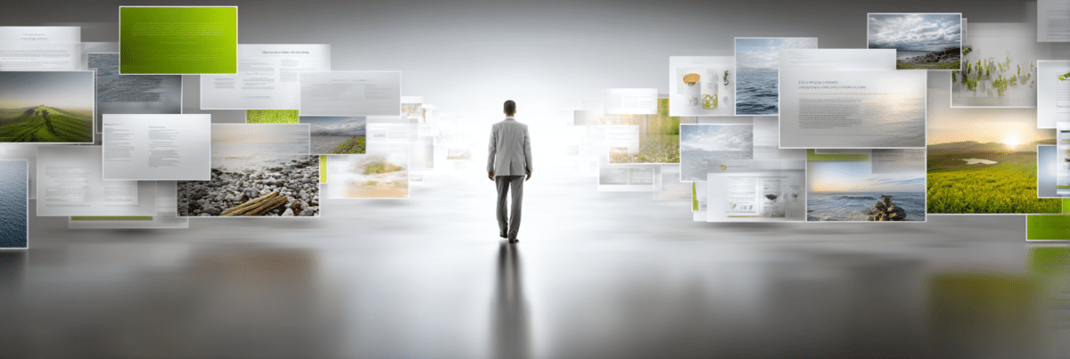 A lone figure walks through a bright digital archive filled with floating webpages, photographs, and documents, exploring layers of information suspended in space.