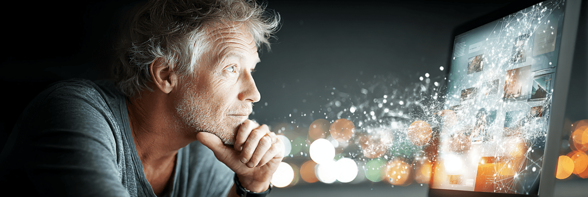 A thoughtful person studies a computer screen displaying old websites and images, illuminated by soft light and connected by glowing digital threads.