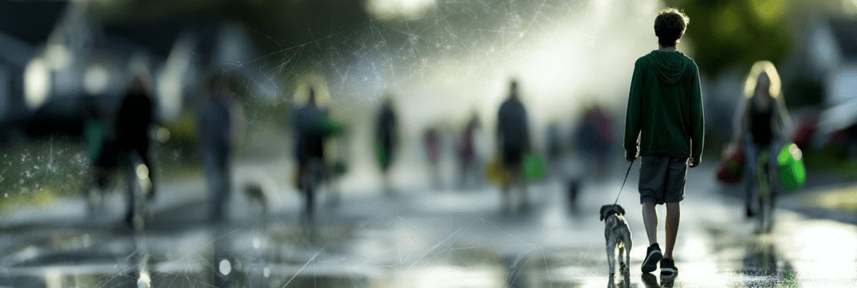 A person walks a dog along a busy suburban street while faint digital network patterns drift through the air around blurred pedestrians, suggesting an unseen technological presence woven into everyday life.