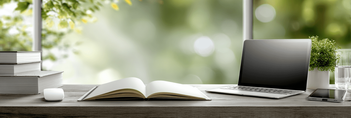 An open book rests on a wooden desk beside a laptop, smartphone, and stack of books. Soft natural light filters through a window overlooking blurred greenery, suggesting lifelong learning and the connection between traditional and digital forms of knowledge.