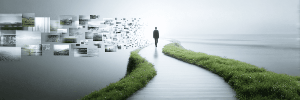 A solitary figure walks along a winding path beside calm water while hundreds of floating images and fragments drift through the air, suggesting a journey through changing forms of knowledge, technology, and learning.